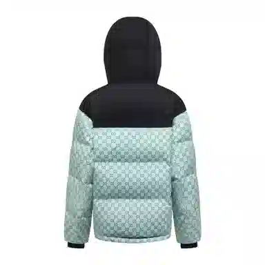 鸭鸭 拼色字母爱心印花连帽拉链羽绒服 男女同款