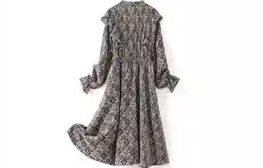 恒源祥 菱格抽象图案荷叶边收腰长袖连衣裙 灰色