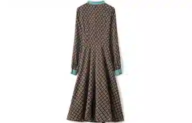 恒源祥 撞色印花菱形格子系带领长袖连衣裙 绿色