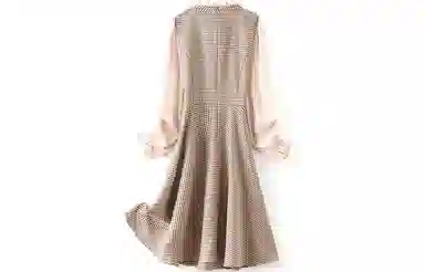 恒源祥 格纹拼接长袖连衣裙 深卡其布色