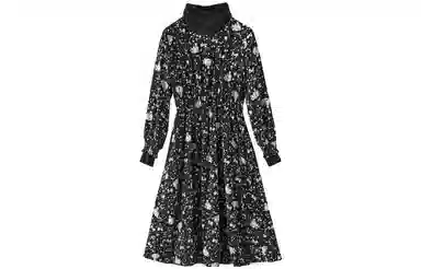 【dme】 半高领圆点满印松紧腰长袖连衣裙 黑色