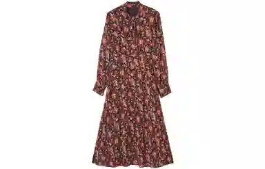 【dme】法式飘带领收腰显瘦碎花长袖连衣裙 红色