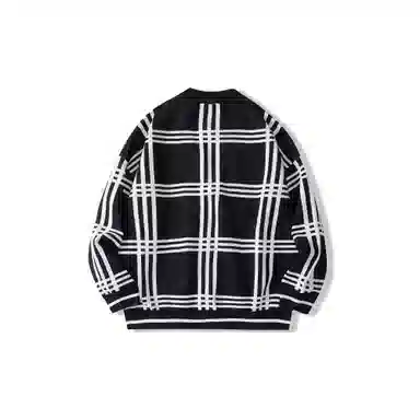 我是大卫 复古格子单排扣开衫慵懒风棋盘格条纹针织衫 男女同款