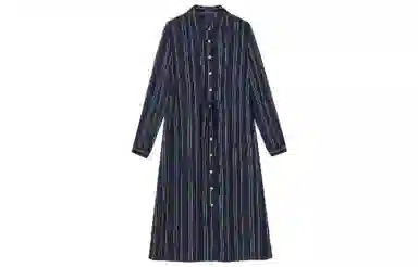 【dme】 翻领复古简约条纹长袖连衣裙 藏青色