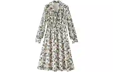 【dme】 植物图案满印高腰长袖连衣裙 黑色