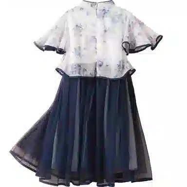 十月妈咪 中式国风短袖中长款网纱旗袍连衣裙汉服 夏 儿童款