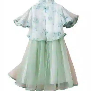 十月妈咪 中式国风短袖中长款网纱旗袍连衣裙汉服 夏 儿童款