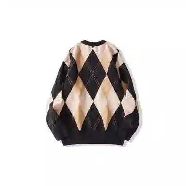 我是大卫 韩版复古菱格撞色几何图案棋盘格拼接针织衫 男女同款
