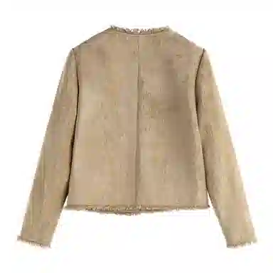 茵曼 优雅小香风短款外套毛边圆领长袖截短外套 女款