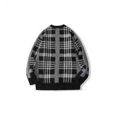 我是大卫 不规则撞色拼接复古格子条纹套头宽松针织衫 男女同款