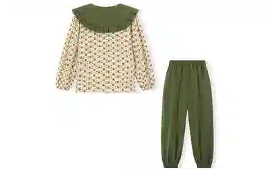 梦特娇 童装 法式碎花长袖衬衫纯棉束脚休闲裤衬衫套装 女童 绿色