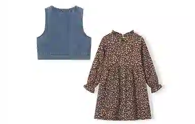 梦特娇 童装 圆领单排扣牛仔马甲碎花长袖连衣裙裙装套装 女童