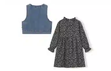 梦特娇 童装 圆领单排扣牛仔马甲碎花长袖连衣裙裙装套装 女童