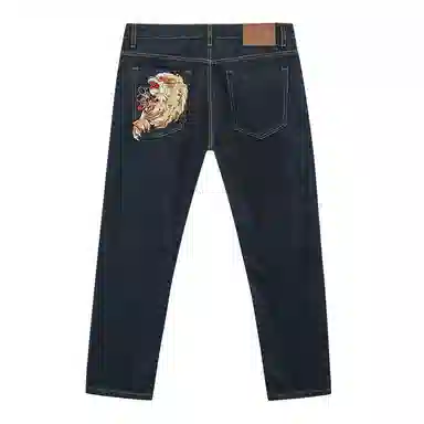 Oniarai Thief Blue Fire Lion Embroidered Straight Jeans