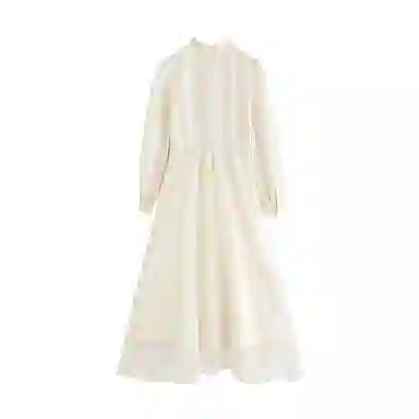 茵曼 新中式斜襟荷叶边长袖连衣裙 杏色