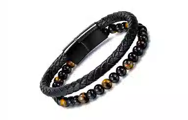 肯默钛钢双层手链 朋克风手环 编织皮 简约磁吸开口 男款  黑色