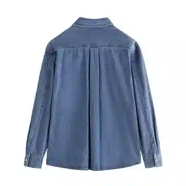 茵曼 纯色刺绣长袖衬衫 女款 牛仔蓝