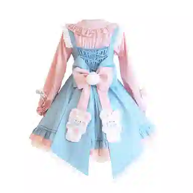 豹了个猫 梅花雪兔洛丽塔圆领中长款长袖连衣裙 蓝色