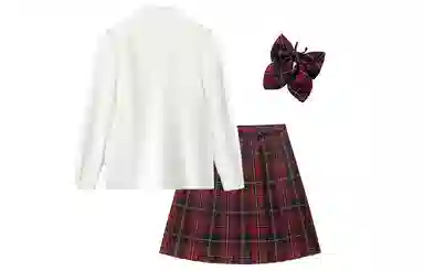 东鲸岁时记 纯色长袖衬衫百褶格纹短裙蝴蝶结制服套装 女款