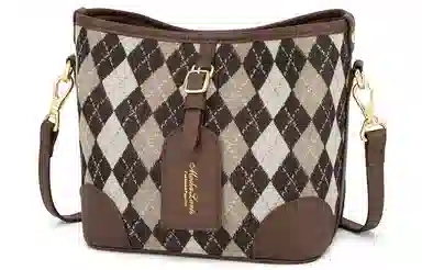 马莎兰缇 时尚菱格撞色小众设计通勤出行 帆布拼合成革 水桶包斜挎包 小号 女款 啡色