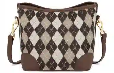 马莎兰缇 时尚菱格撞色小众设计通勤出行 帆布拼合成革 水桶包斜挎包 小号 女款 啡色