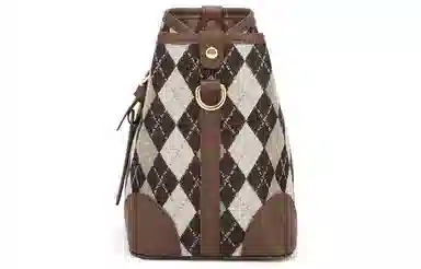 马莎兰缇 时尚菱格撞色小众设计通勤出行 帆布拼合成革 水桶包斜挎包 小号 女款 啡色