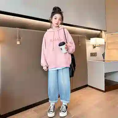 迷乐童堡 纯色印花连帽长袖卫衣 儿童款 粉色