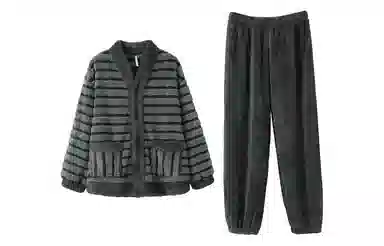 安之伴 冬季睡衣保暖双面绒锁温暖感条纹开衫家居套装 男款