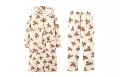 热妒 睡衣女冬季珊瑚绒三层夹棉睡袍可爱小熊保暖加绒加厚家居服可外穿 家居套装  女款