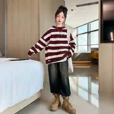 迷乐童堡 童装 洋气儿童加厚打底衫女大童秋冬条纹套头针织衫 女童 酒红色