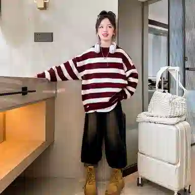 迷乐童堡 童装 洋气儿童加厚打底衫女大童秋冬条纹套头针织衫 女童 酒红色