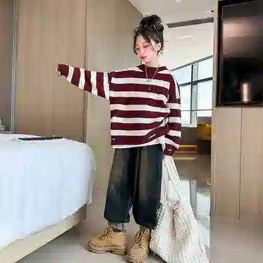 迷乐童堡 童装 洋气儿童加厚打底衫女大童秋冬条纹套头针织衫 女童 酒红色