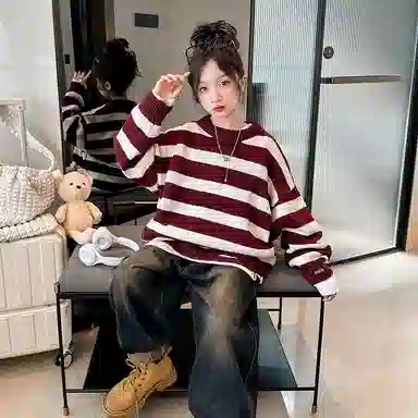 迷乐童堡 童装 洋气儿童加厚打底衫女大童秋冬条纹套头针织衫 女童 酒红色