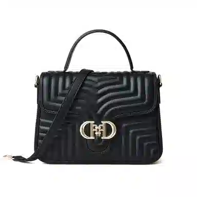 红蜻蜓 小香风女式优雅通勤磁扣开合 牛皮 菱格包手提斜挎单肩包 女款 黑色