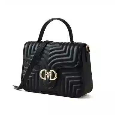 红蜻蜓 小香风女式优雅通勤磁扣开合 牛皮 菱格包手提斜挎单肩包 女款 黑色