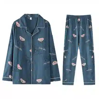 兰缪 纯棉卡通印花宽松睡衣套装 男款 蓝色