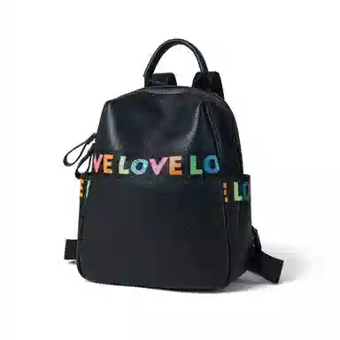 红蜻蜓 轻便背包旅行包双肩包 牛头层皮革配超细纤维合成革 女款 黑色