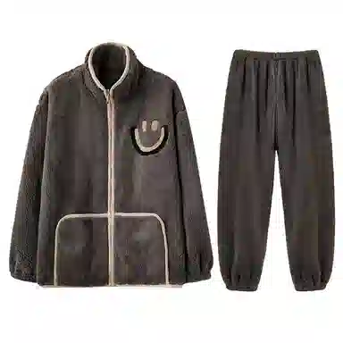 兰缪 珊瑚绒笑脸休闲加厚加绒家居服可外穿睡衣套装 男款 棕色