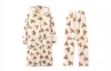 热妒 睡衣女冬季珊瑚绒三层夹棉睡袍可爱小熊保暖加绒加厚家居服可外穿 家居套装  女款