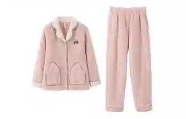 安之伴 秋冬睡衣雪花绒保暖加绒加厚开衫翻领家居套装 女款 浅粉