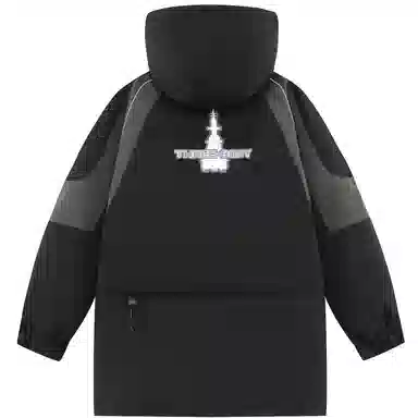 三体 太空亚洲战舰队系列 拼接撞色字母绣花章保暖加厚防风防水派克服拉链工装口袋户外休闲中长款连帽羽绒服外套 男女同款