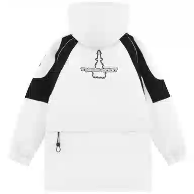 三体 太空亚洲战舰队系列 拼接撞色字母绣花章保暖加厚防风防水派克服拉链工装口袋户外休闲中长款连帽羽绒服外套 男女同款