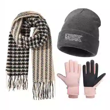 匹克 甜美小格纹流苏 保暖亲肤显气质 三件套 绒线围巾 女款