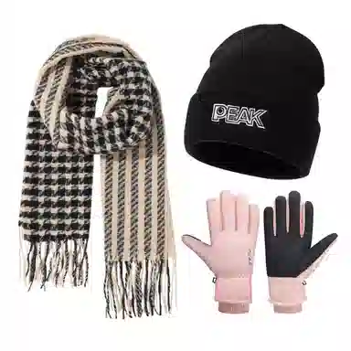 匹克 甜美小格纹流苏 保暖亲肤显气质 三件套 绒线围巾 女款