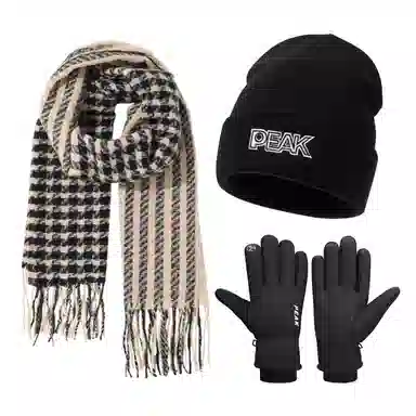 匹克 甜美小格纹流苏 保暖亲肤显气质 三件套 绒线围巾 女款