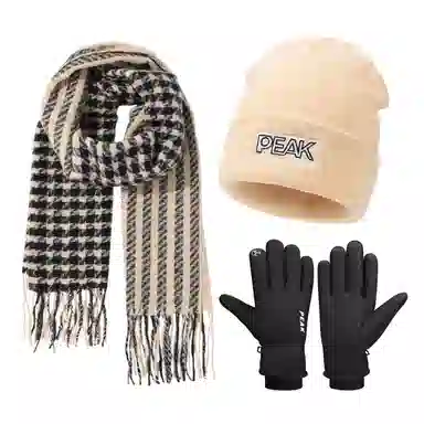 匹克 甜美小格纹流苏 保暖亲肤显气质 三件套 绒线围巾 女款