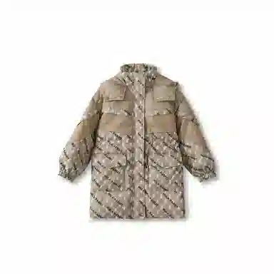 鸭鸭 童装 拼色满印白鸭绒中长款宽松休闲长袖羽绒服 儿童款