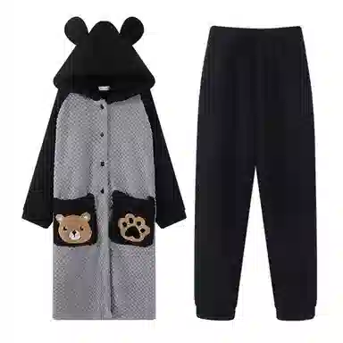 兰缪 秋冬季珊瑚绒男生 睡衣 卡通大象加厚加绒可外穿家居服睡衣套装 男款 黑色