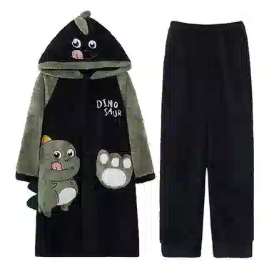 兰缪 秋冬季珊瑚绒男生 睡衣 卡通大象加厚加绒可外穿家居服睡衣套装 男款 黑色