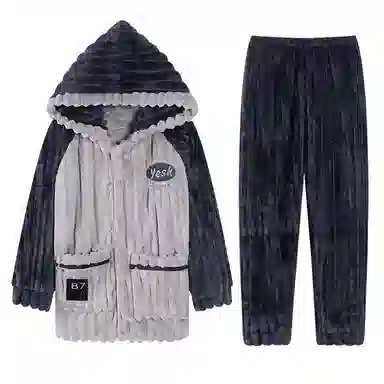 兰缪 秋冬季珊瑚绒睡衣 加厚加绒家居服 家居套装  男款  黑色